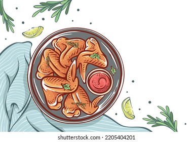 Ilustración del plato de ala de pollo vista superior. Comida hecha a mano de pollo con nuez de limón y hierbas a todo color. Fondo colorido del diseño del vector del dibujo del pollo