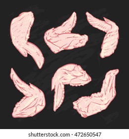 Chicken wing drawing on a black background. Hand drawn chicken wing illustration.