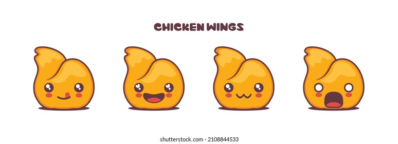 Chicken Wing Food Cartoon Illustration, With Different Facial Expressions. Suitable For Icons, Logos, Prints, Stickers, Etc.