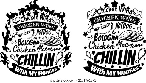 Chicken Wing Hotdog and Bologna Chicken Macaroni Chillin With My Homies illustration, Fast Food 