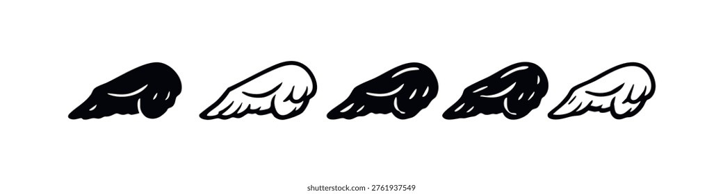 Chicken Wing Icons Set. Black and white hand-drawn symbols for fried chicken wings, solid and outlined.