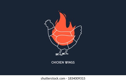 Chicken Wings. Barbecue, Butchery Logo. Hen Silhouette With Fire, Flame. Butcher's Diagram Template. Restaurant Menu Design. Vector Illustration