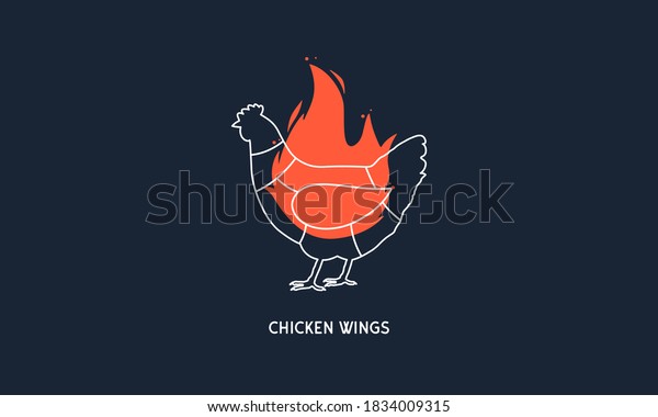 Chicken Wings. Barbecue, Butchery logo. Hen\
silhouette with fire, flame. Butcher\'s diagram template. Restaurant\
menu design. Vector\
illustration