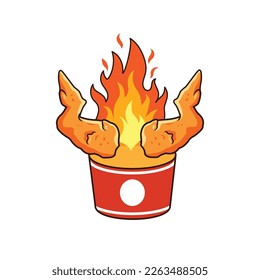 Chicken wings bucket with fire.  Spicy ayam geprek design element for logo, poster, emblem, sign, flyer. Vector illustration