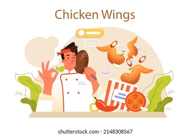 Chicken wings concept. Fried wings cooking at home with butter and pepper. Spicy homemade appetizer with crispy crust. Unhealthy snack of meat. Flat vector illustration