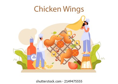 Chicken wings concept. Fried wings cooking at home with butter and pepper. Spicy homemade appetizer with crispy crust. Unhealthy snack of meat. Flat vector illustration