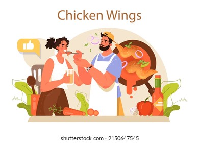 Chicken wings concept. Fried wings cooking at home with butter and pepper. Spicy homemade appetizer with crispy crust. Unhealthy snack of meat. Flat vector illustration