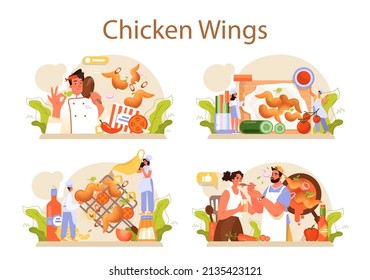 Chicken wings concept set. Fried wings cooking at home with butter and pepper. Spicy homemade appetizer with crispy crust. Unhealthy snack of meat. Flat vector illustration