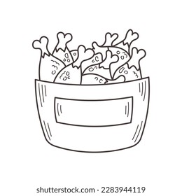 Chicken wings doodle element. Fried chicken wings in basket. Hand drawn fast food sketch. Isolated vector illustration