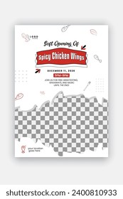 Chicken wings flyer design template for restaurant, delicious food menu discount poster or grand opening of A4 size brochure with red color shape and white background