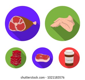 Chicken wings, ham, raw steak, beef cubes. Meat set collection icons in flat style vector symbol stock illustration web.