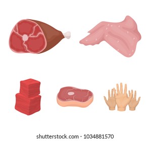 Chicken wings, ham, raw steak, beef cubes. Meat set collection icons in cartoon style vector symbol stock illustration web.