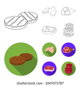 Chicken wings, ham, raw steak, beef cubes. Meat set collection icons in outline,flat style vector symbol stock illustration web.