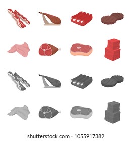Chicken wings, ham, raw steak, beef cubes. Meat set collection icons in cartoon,monochrome style vector symbol stock illustration web.
