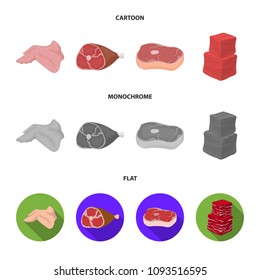 Chicken wings, ham, raw steak, beef cubes. Meat set collection icons in cartoon,flat,monochrome style vector symbol stock illustration web.