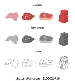 Chicken wings, ham, raw steak, beef cubes. Meat set collection icons in cartoon,outline,monochrome style vector symbol stock illustration web.