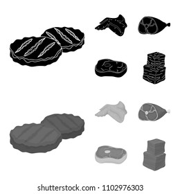 Chicken wings, ham, raw steak, beef cubes. Meat set collection icons in black,monochrom style vector symbol stock illustration web.