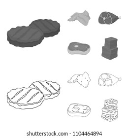 Chicken wings, ham, raw steak, beef cubes. Meat set collection icons in outline,monochrome style vector symbol stock illustration web.