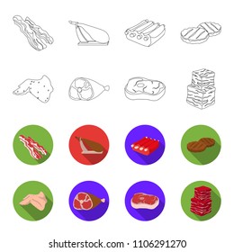 Chicken wings, ham, raw steak, beef cubes. Meat set collection icons in outline,flat style vector symbol stock illustration web.