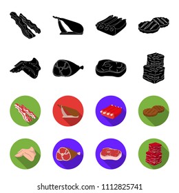Chicken wings, ham, raw steak, beef cubes. Meat set collection icons in black,flet style vector symbol stock illustration web.