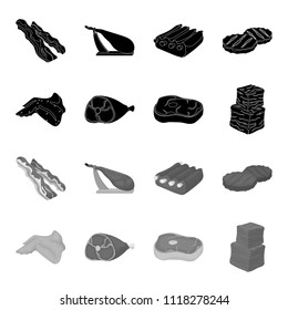 Chicken wings, ham, raw steak, beef cubes. Meat set collection icons in black,monochrome style vector symbol stock illustration web.