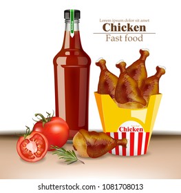 Chicken wings and ketchup bottle Vector realistic. Fresh organic meat 3d illustration layout banners