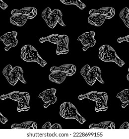 Chicken wings and legs, food chalk vector seamless pattern on black background. Concept for menu, cards, wallpaper, wrapping paper