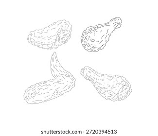Chicken Wings Line Art Bundle. Hand Drawn Fried Chicken Illustration Set. Crispy Poultry Sketch Collection. Minimal Black and White Food Drawing