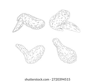 Chicken Wings Line Art Bundle. Hand Drawn Fried Chicken Illustration Set. Crispy Poultry Sketch Collection. Minimal Black and White Food Drawing