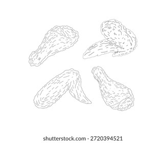 Chicken Wings Line Art Bundle. Hand Drawn Fried Chicken Illustration Set. Crispy Poultry Sketch Collection. Minimal Black and White Food Drawing