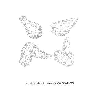 Chicken Wings Line Art Bundle. Hand Drawn Fried Chicken Illustration Set. Crispy Poultry Sketch Collection. Minimal Black and White Food Drawing