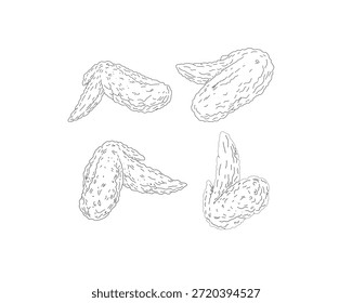 Chicken Wings Line Art Bundle. Hand Drawn Fried Chicken Illustration Set. Crispy Poultry Sketch Collection. Minimal Black and White Food Drawing