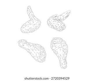 Chicken Wings Line Art Bundle. Hand Drawn Fried Chicken Illustration Set. Crispy Poultry Sketch Collection. Minimal Black and White Food Drawing