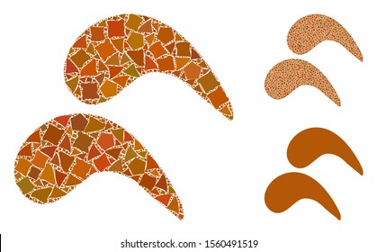 Chicken wings mosaic of rough elements in variable sizes and shades, based on chicken wings icon. Vector irregular elements are combined into mosaic. Chicken wings icons collage with dotted pattern.