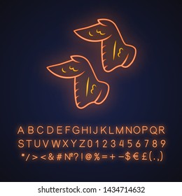 Chicken wings neon light icon. Butchers meat. Meat production and sale. Protein source. Butchery business. Glowing sign with alphabet, numbers and symbols. Vector isolated illustration