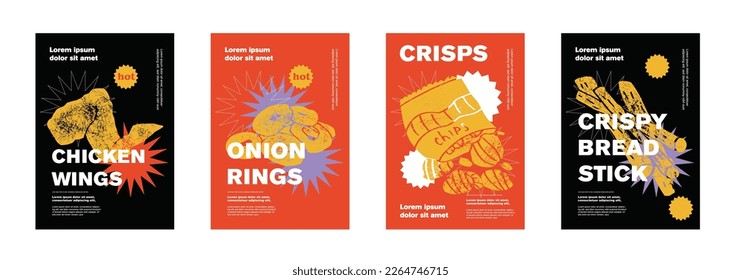 Chicken wings, onion rings, crisps, crispy bread, stick. Price tag or poster design. Set of vector illustrations. Typography. Engraving style. Labels, cover, t-shirt print, painting.