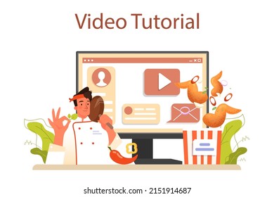 Chicken wings online service or platform. Fried wings cooking with butter and pepper. Spicy homemade snack of meat. Video tutorial. Flat vector illustration