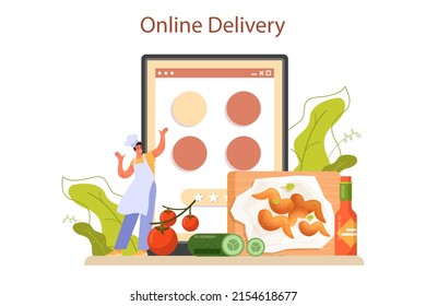 Chicken wings online service or platform. Fried wings cooking with butter and pepper. Spicy homemade snack of meat. Online delivery. Flat vector illustration