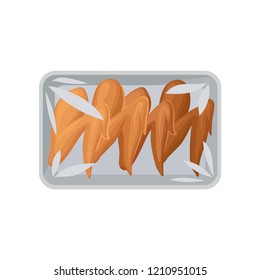 Chicken wings packaging, food plastic tray container with transparent cellophane cover vector Illustration on a white background