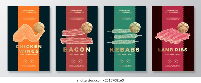 Asa de frango e bacon de porco, Kebab, lombo costelas vetor embalagem etiqueta Design Modelos Set. Banner do produto, Carne desenhada à mão e esboços de aves. Layout de Fundo de Comida com Folha de Ouro Isolada