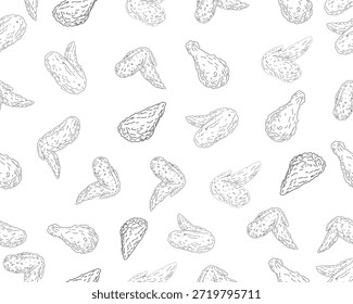 Alas de pollo sin fisuras de la línea del patrón de arte. Dibujado a mano ilustración de pollo frito. Fondo de alimentos para el Fondo de pantalla textil de papel de embalaje. Estilo de boceto mínimo