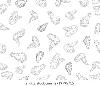 Hühnerflügel nahtloses Muster Linie Kunst. Hand gezeichnet gebratenes Huhn Illustration. Lebensmittelhintergrund für Verpackungspapier Textil Tapete. Minimaler Skizzenstil