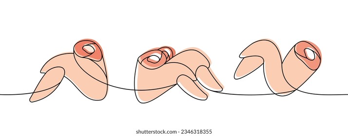 Chicken wings set one line colored continuous drawing. Chicken meat continuous one line illustration. Vector minimalist linear illustration.