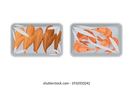 Chicken Wings and Shrimps in Plastic Serving Tray Vector Set