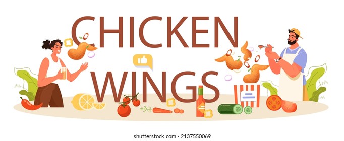 Chicken wings typographic header. Fried wings cooking at home with butter and pepper. Spicy homemade appetizer with crispy crust. Unhealthy snack of meat. Flat vector illustration