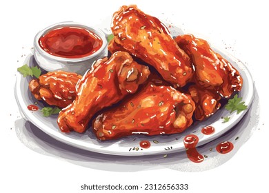 Chicken wings usually fried and coated in sauce vector art white background.