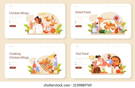 Chicken wings web banner or landing page set. Fried wings cooking at home with butter and pepper. Spicy homemade appetizer with crispy crust. Unhealthy snack of meat. Flat vector illustration