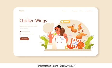 Chicken wings web banner or landing page. Fried wings cooking at home with butter and pepper. Spicy homemade appetizer with crispy crust. Unhealthy snack of meat. Flat vector illustration