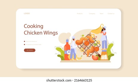 Chicken wings web banner or landing page. Fried wings cooking at home with butter and pepper. Spicy homemade appetizer with crispy crust. Unhealthy snack of meat. Flat vector illustration