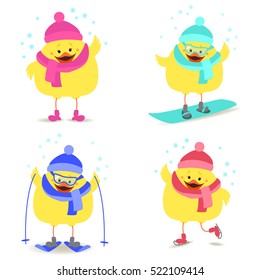 Chicken and winter sports. Snowboarding, skating, skiing. Vector cartoon